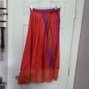💢 Red Gold Recycled Silk Sari Wrap Maxi Skirt OS